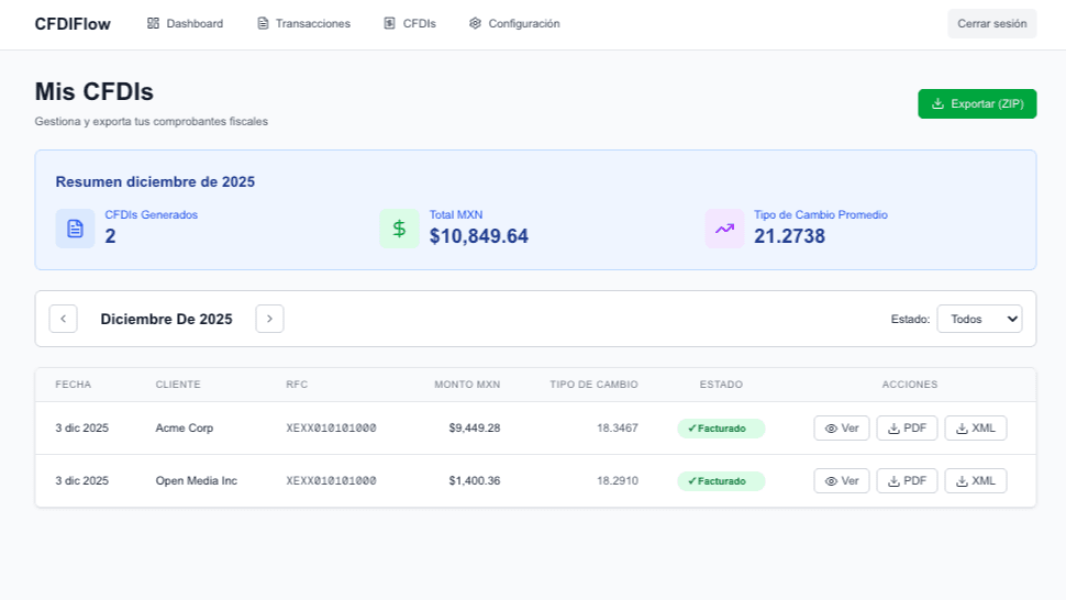 Dashboard de CFDIFlow con historial de facturas