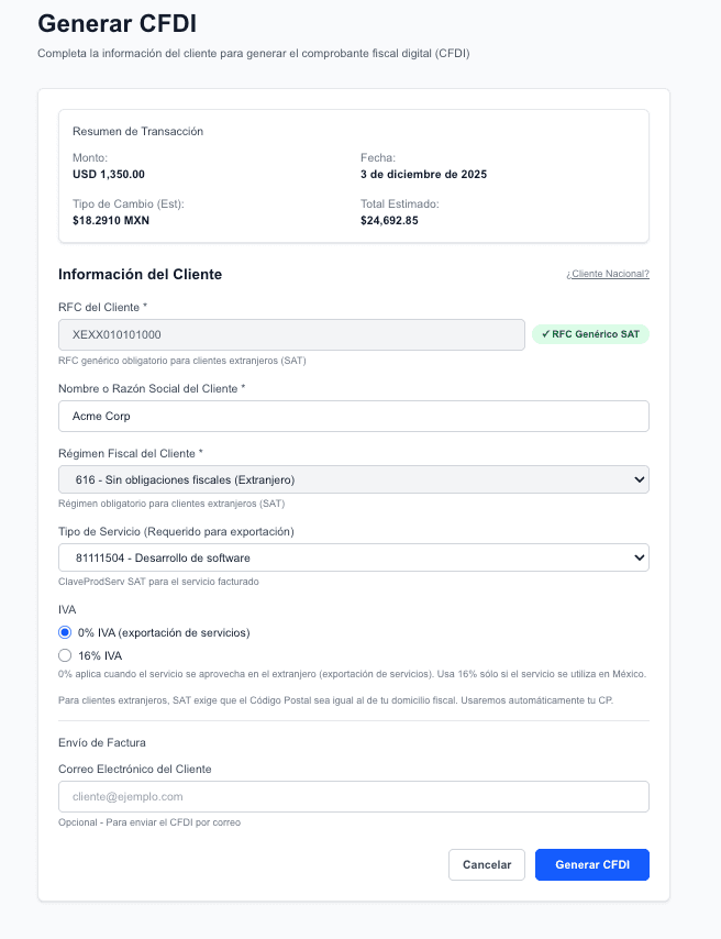 Modal de generación de CFDI
